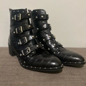 Fergalicious Black Croc-Embossed Buckle Ankle Boots